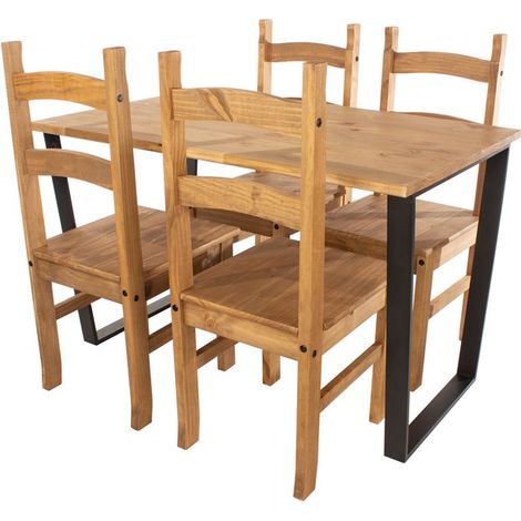 Texas Rectangular Dining Table with Metal Legs and 4 Corona Dining Chairs - Antique Waxed Pine/Black
