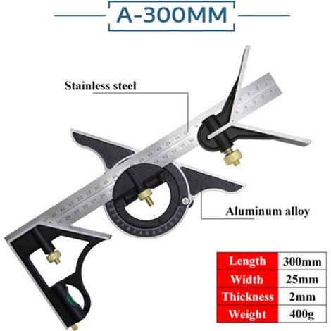 1 Équerre de combinaison 300 mm, Acier inoxydable, Gravure laser, 90 et 45 degrés, Menuiserie (1/5)