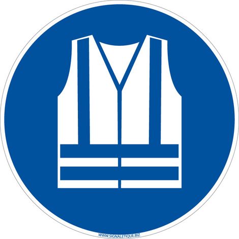 Panneau Obligation Port du Gilet de Sécurité Haute Visibilité - Signalisation EPI - Adhésif - Diamètre 250 mm - Conforme ISO 7010