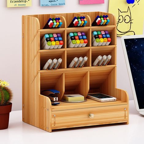 Schreibtisch-Organizer aus Holz, multifunktionales Stifteetui zum Selbstaufbau, Bürobedarf, Aufbewahrungsregal mit Schubladen (1/5)