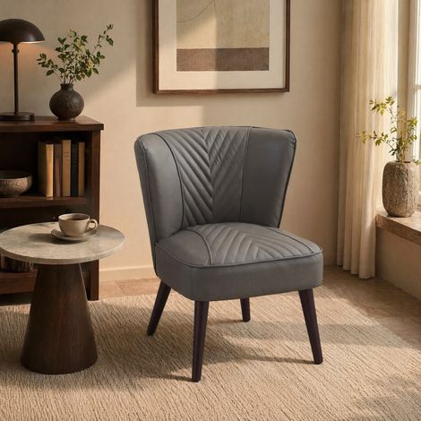 Sillón de salón de cuero gris sin reposabrazos con patas de madera de hevea 56x62x72 cm DESVIAE (1/5)