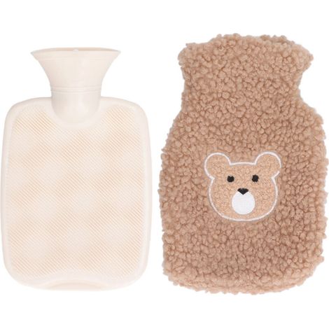 Bouillotte 1000ml en PVC Renforcé Anti-Brulure avec Couverture en Peluche Ours Mignon pour Maison, Bureau ou Hiver - Tête d'Ours Café (1/5)