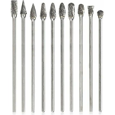 10 pezzi di frese rotanti in carburo di tungsteno, fresa rotante singola a doppio taglio con lime con gambo da 3 mm, raspa, trapano elicoidale, accessorio per lucidatura, lunghezza 100 mm (1/4)