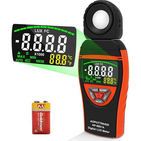 Luxmetre Numerique 0.1400,000Lux Affichage D'écran Coloré Mesureurs de Lumière Numerique Mesureur de Température Ambiante avec Maintien de Données+Max/Min+Stockage de Données+Lux/FC (1/5)