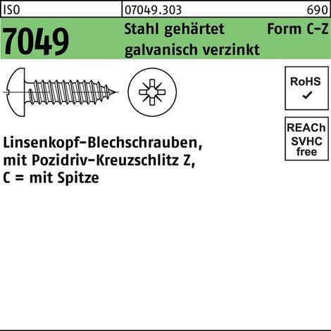 Vis à tôle ISO 7049 LIKO pointe/PZ 6,3x 70 -C-Z acier zingué galv. 250p.