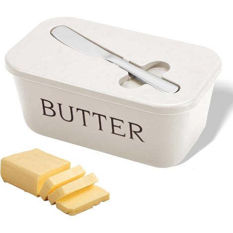Beurrier avec couvercle - couteau inclus - boîte à beurre hermétique en plastique - convient pour une utilisation à température ambiante et au réfrigérateur - blanc - 16,7 × 9,7 × 7,4 cm (1/5)