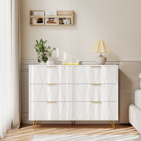 Commode 6 tiroirs, cadre mĂ©tallique, meuble de rangement pour chambre et salon, design motif losanges, 100x34x72.5 cm, Blanc (1/5)