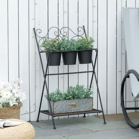 Support pliable en métal pour plantes, ensemble pot de fleurs avec étagère pour la maison et le jardin, 47 x 37 x 78,5 cm, noir (1/4)