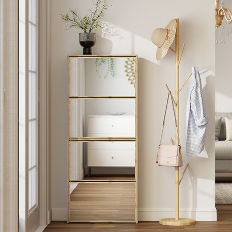 Armoire à chaussures en bois clair 4 portes avec miroir et système anti-chute, 63x17x146 cm. (1/5)