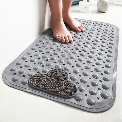 Tapis de douche rectangulaire antidérapant à ventouses, drainage rapide, massage des pieds, 70 x 40 cm, Gris (1/5)