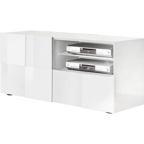 REBECCA - Meuble TV 121 cm Finition Blanc Laqué Weiss Relief Damiers et Leds (1/3)