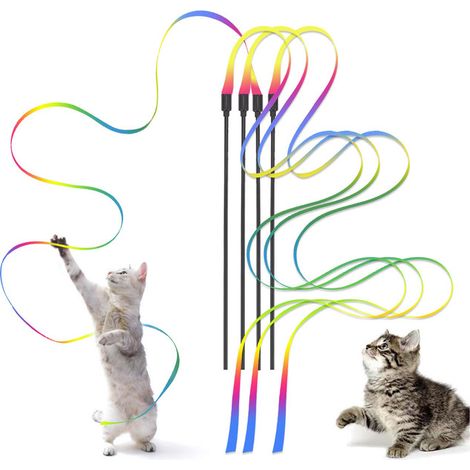 Lot de 4 Jouets Baguette pour Chat avec Ruban Arc-en-ciel Interactif pour Exercice et Divertissement (1/5)