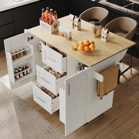 Carrello da cucina su ruote 135x46x86,6 cm con 3 cassetti, vassoio ribaltabile, portasciugamani, in MDF e metallo, bianco (1/5)