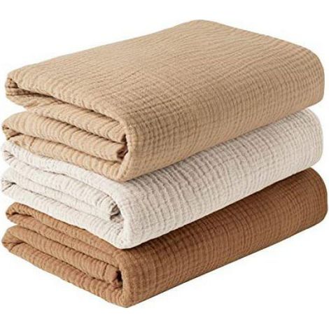 Ensemble de trois couvertures pour bébé en mousseline, couverture d'emmaillotage pour nouveau-crème abricot + café + kaki (1/4)