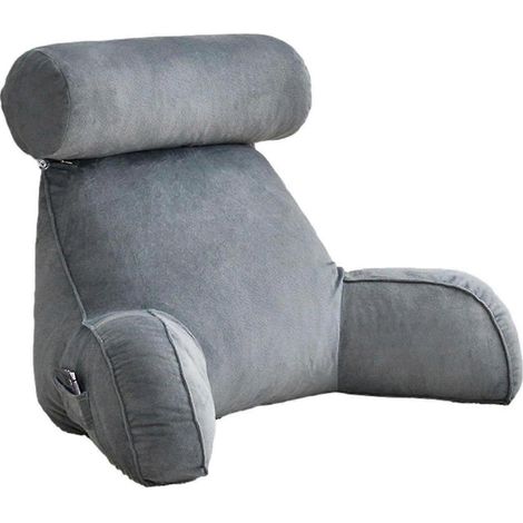 Coussin de lecture avec accoudoirs - Grand dossier pour adulte, poches latérales, coussin cervical amovible, idéal pour regarder la télévision ou lire (gris) (1/3)
