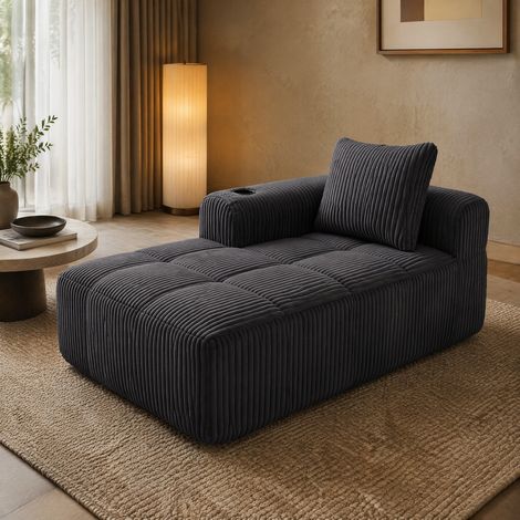 Divano compatto 158x93x61 cm, con tasche laterali e portabicchieri, in velluto a coste, grigio scuro (1/5)