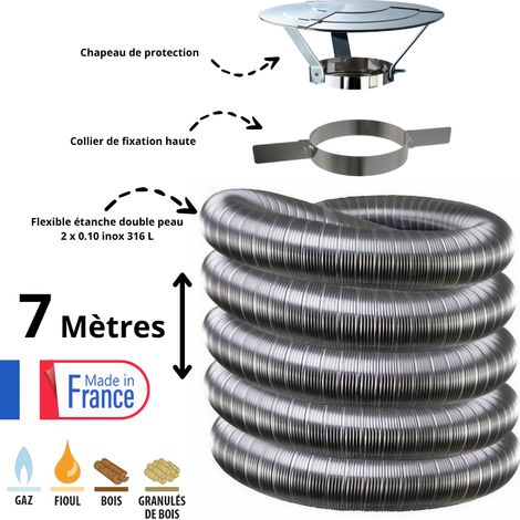 Edilinox – Kit complet de fumisterie tubage flexible double paroi inox 130mm – Longueur 7 mètres – Collier et chapeau inclus – Installation intérieure sécurisée