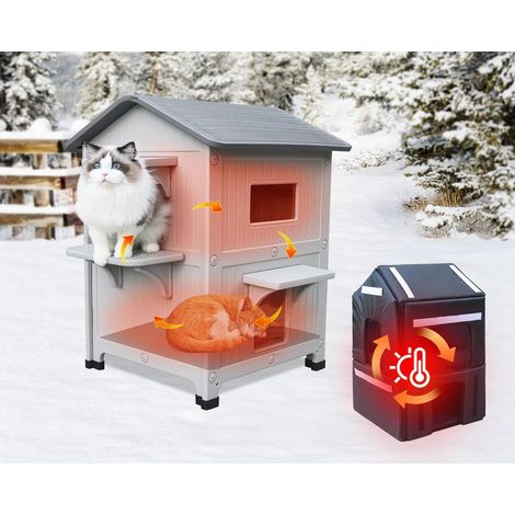 Maison Chat Extérieure 2 Étages, Niche Chat Extérieur Doublure Isolée Double paroi isolée pour toute saison, toit amovible facile à nettoyer, matière HDPE étanche empilable pour plusieurs chats (1/5)