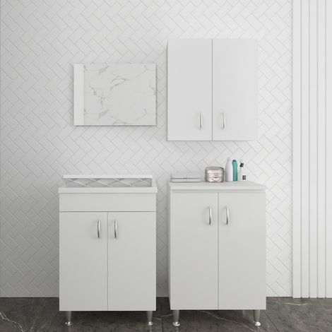 Set lavanderia con lavatoio base e pensile in legno bianco Fedra (1/5)