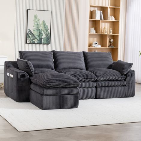 Divano modulare 3 posti 263x167x85 cm in velluto a coste grigio scuro con pouf – MEUBLIV (1/5)