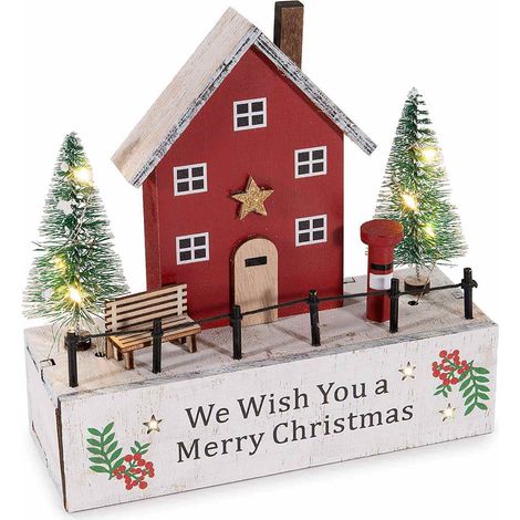 Decorazioni di Natale in legno con casetta , alberi, luci LED e scritta We Wish You A Merry Christmas, set da 4 pezzi, cm 16,5 x 6 x 16,5 H