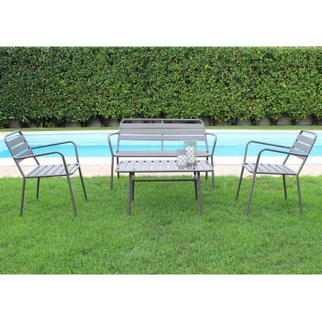 Salotto da esterno giardino 4 posti con struttura e tavolino in acciaio effetto doghe Oxford -  Grey