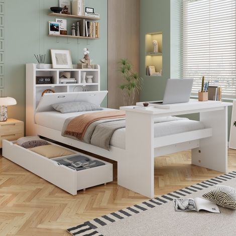 Cama juvenil multifuncional 90x200 cm, cama con escritorio plegable inclinado y cajón de almacenaje, estructura en madera maciza, Blanco (1/5)