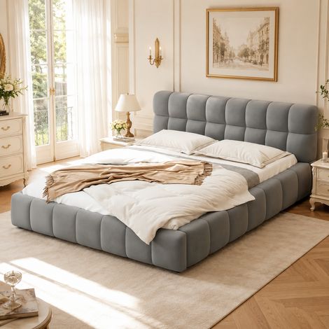 Lit 140 x 200 - Lit double 140 x 200 - Lin gris - Lit capitonné avec dossier moelleux - Lit adulte style scandinave - Sommier à lattes (1/4)