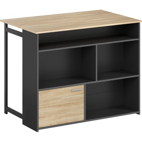 Table de bar extensible avec rabat, table haute de cuisine, 1 meuble et 4 étagères ouvertes, 116x79,6x90,5cm, noir (1/5)