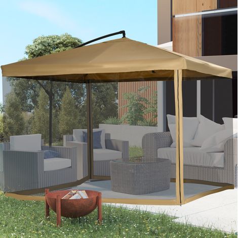 Parasol deporté de jardin beige avec moustiquaire, inclinable, manivelle, pied croisé et base lestable, 295 x 295 x 260 cm (1/5)