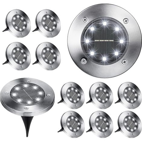 Lot de 12 lampes solaires encastrables à 8 LED, étanches, blanc froid (1/5)