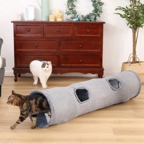 Tunnel Pour Chat - Suède - 2 Ouvertures - Diamètre 30 Cm Longueur 130 Cm - Gris - 1 Pièce (1/4)