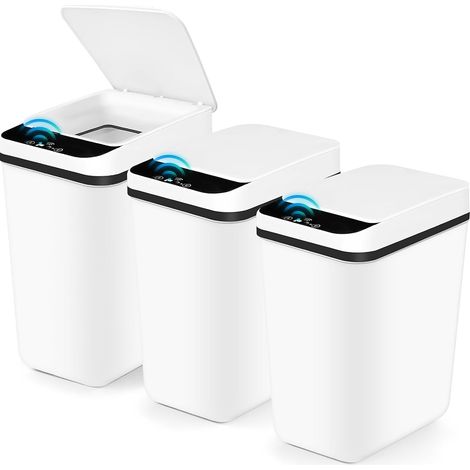 3 Pack Poubelle Salle Bain, 12L Poubelle Automatique avec Couvercle, Corbeille à Détection de Mouvement, Poubelle Fine à Épreuve des Chiens, Poulailler Étanche pour Chambre, Bureau, Cuisine (Blanc) (1/5)
