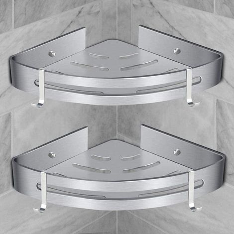 Etagère de Douche Étanche Etagère de Salle de Bain sans Forage - avec 2 Crochets - Cuisine - Argenté, en Aluminium Inoxydable - d’Angle (1/5)