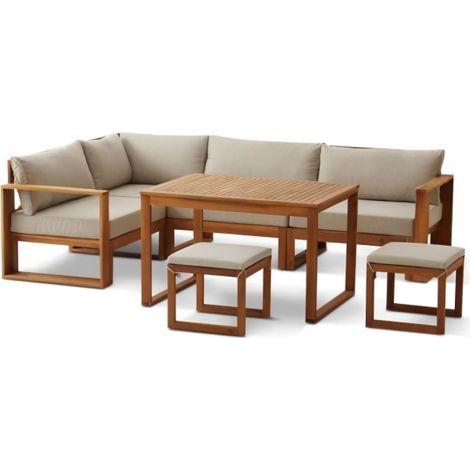 Salon de jardin modulable 7 places en bois d'Acacia FSC – Banquette d'angle, 2 tabourets, table mi-haute – Coussins inclus pour confort – Bocarnea (1/10)