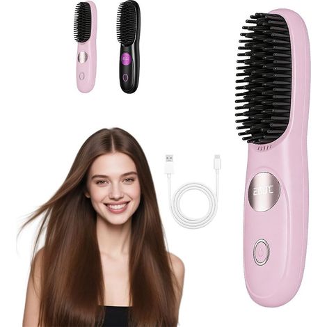 Brosse lissante sans fil, brosse à cheveux portable en céramique, brosse à cheveux électrique avec câble de recharge USB, brosse lissante à 3 températures avec écran LED, pour un coiffage lisse (rose) (1/5)