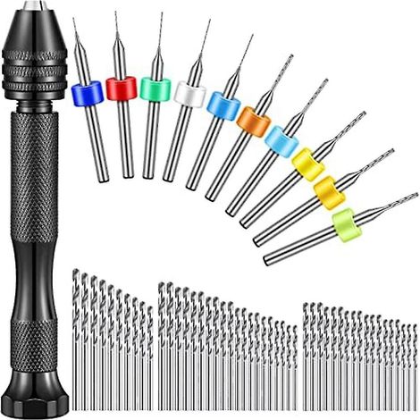 Set bestehend aus 59 Handbohrern, 49 Mini-Spiralbohrern für Handbohrmaschinen mit Metallspindel-Schraubstock und 10 Vergaserbohrern. (1/5)