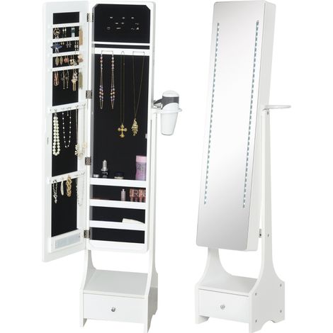 Jewellery Cabinet, Full Length Mirror with Storage, Free Standing Mirror with LED Lights, Hooks, Drawer and Hairdryer Holder for Bedroom, White