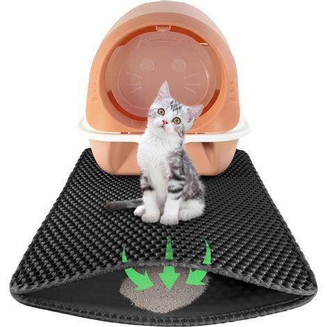 1 - Tapis Litière Chat - Tapis Antidérapant - Structure Double Couche Attrape-Grains Imperméable Facile À Nettoyer Pour Bac À Litière Intérieur Noir 60x40cm