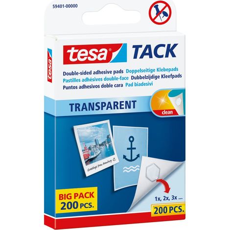 tesa TACK Biadesivi Trasparenti pre-tagliati - Per foto, cartoline, disegni, biglietti da visita - Per vetri, specchi, metallo e plastica - Rimovibili e riutilizzabili - 200 Pezzi (1/5)