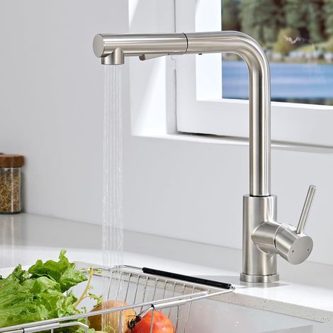 Robinet Cuisine Noir, Mitigeur Cuisine avec Douchette Extractible 2 Modes de Réglage, Robinetterie Evier Escamotable Pivotant à 360° en Acier Inoxydable 304, Froid & Chaud Disponible (1/5)