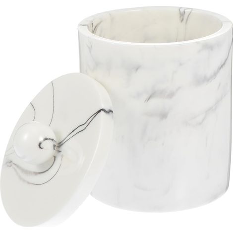 Boîte de Rangement avec Couvercle pour Cure-Dents et Cotons-tiges avec Décoration Perle Plusieurs Styles en Résine Blanche Design Moderne et Texture Marbre Classique, Forme Ronde (1/5)