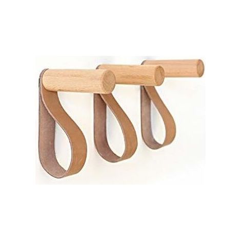 Ganci da parete in pelle, appendiabiti in legno da parete per appendere borse, asciugamani e cappotti, design moderno scandinavo (set da 3) (1/5)
