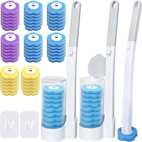 Lot Brosse WC Jetable ,2Brosses avec Manche Long et Système à Clip,48 Têtes de Rechange en Éponge pour Toilette,Lavabo et Baignoire (1/5)