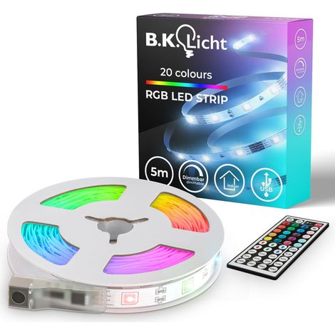 B.K.Licht I 5m ruban led interieur Bande LED USB I Bande lumineuse I Bande LED RGB I Bande à changement de couleur I Guirlande lumineuse colorée I Bande télécommandée I Bande lumineuse autocollante