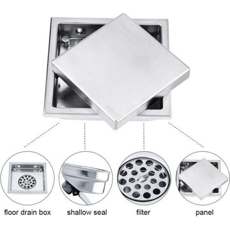 Siphon Carré Inox Anti-Odeur-1, Argent,110x110mm, Grille Amovible Buanderie, Accessoire Salle Bain Aucunely (1/5)