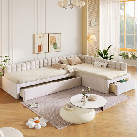 Letto angolare imbottito 90x200 cm beige con letto estraibile e cassetti (1/5)