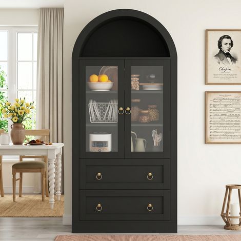 DESMIU Buffet Vitrine avec 2 portes vitrées et 2 étagères réglables, pour cuisine et salon, noir, 80 × 36 × 170 cm (1/4)