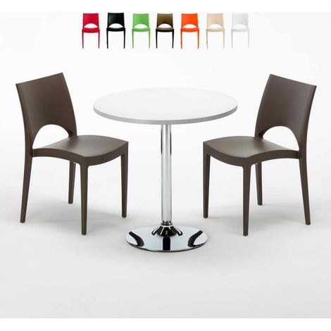 Table Ronde Blanche 70x70cm Avec 2 Chaises Colorées Grand Soleil Set Intérieur Bar Café Paris Long Island - Marron (1/5)