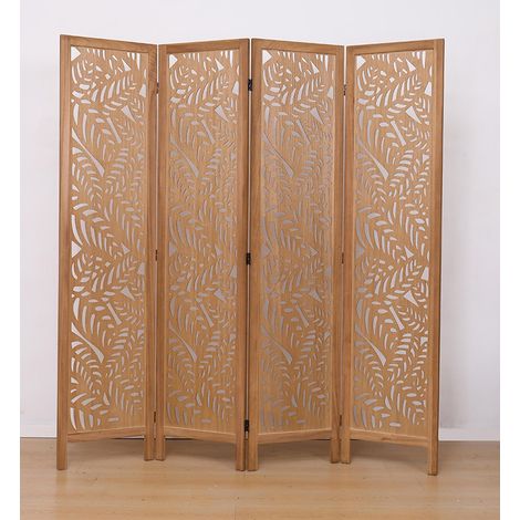 Pegane – Paravent ajouré en bois paulownia 4 pans motifs feuille – Hauteur 170 cm, longueur 160 cm, coloris brun clair – Séparateur de pièce décoratif